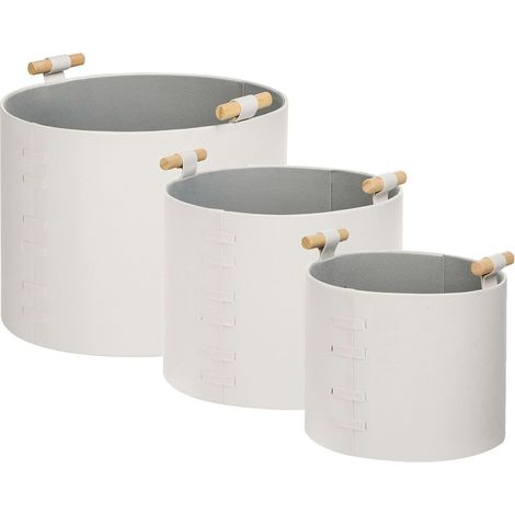 Lot de 3 Paniers de Rangement en Cuir PU Fait Main avec Poignées Blanc Cassé Aram