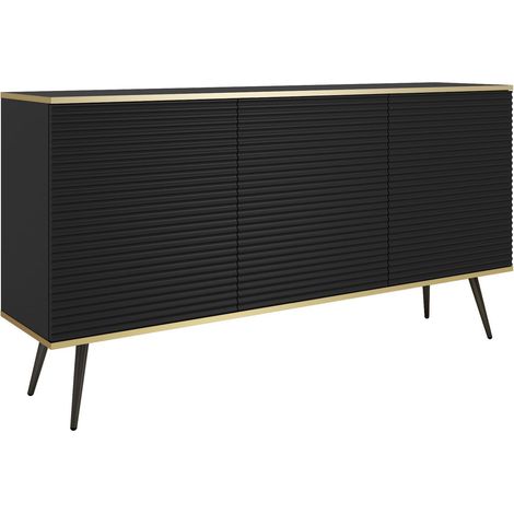 Buffet 160 cm, 3 portes, 6 étagères, façades rainurées, Noir, pieds noirs, 160 x 39 x 85 cm (1/4)