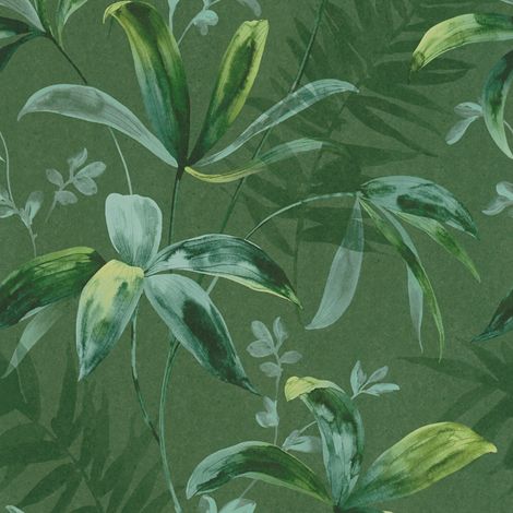 Papier peint moderne vert motif tropical Tapisserie jungle aquarelle pour salon chic Papier peint intissé vert foncé à motif feuilles (1/4)
