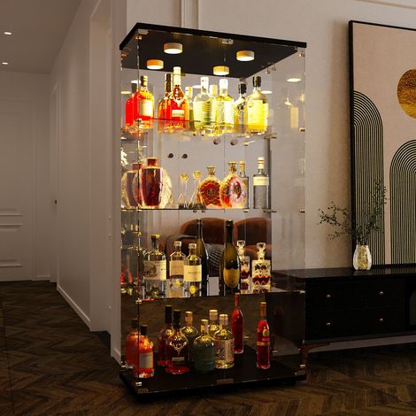 Vitrines en verre, 80.5x36.5x164cm, LED réglable, Vitrine Armoire, 4 étagères et 2 portes, Verre Trempé, pour Salon, Chambre, Noir