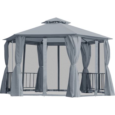 3 x 3(m) Hexagon Gazebo Patio Canopy Party Tent Outdoor Garden Shelter w/ 2 Tier Roof & Side Panel - Grey