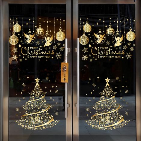 Adesivi Elettrostatici Natalizi Doppia Faccia – Decorazione Elegante in Oro per Vetri, Riutilizzabili senza Residui – Design Festivo con Alberi e Fiocchi – Ideale per Casa e Vetrine (1/5)