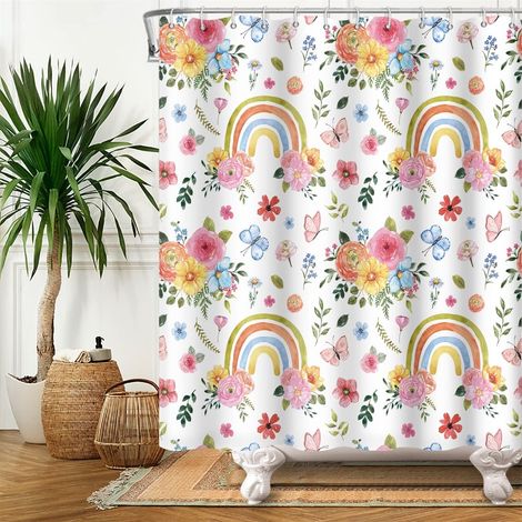 175x183cm Mignon Dessin Animé Fleur Rideau de Douche Coloré Arc-en-Ciel Papillons Feuilles Vertes pour Bain Polyester Enfant Salle de Bain avec Crochets (1/5)