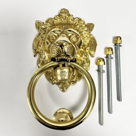 Heurtoir de porte tête de lion - 1 unité - Laiton massif poli - Design imposant détaillé - Pour porte extérieure - Avec fixations incluses (1/2)