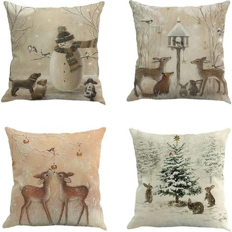 4 taies d’oreiller Noël imperméables lin, style ferme/vintage, décoration chambre festive