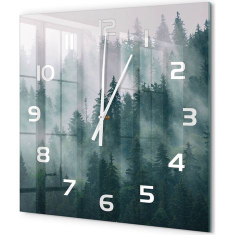 Grande Horloge Murale Carrée Originale en Verre Silencieuse Design Moderne Salon Brouillard au-dessus de la forêt 60x60 cm (1/5)