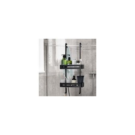 Étagère de douche en aluminium noir mat – Extra large 73 cm – Fixation sans perçage – 2 plateaux pour shampoing et soins – Ventouses anti-glisse (1/5)
