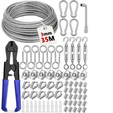 Câble Acier Inoxydable - 35 m x 3 mm - Tendeur + Serre-Câble + Pince à Découper - Pour Treillis Plante Grimpante Extérieur, Garde-Corps, Corde à Linge - Kit Complet (1/5)
