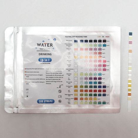50 bandelettes de test d'eau potable 16 en 1 - Testeur d'eau - pour l'analyse de la qualité de l'eau du robinet : dureté totale, plomb, cuivre, nitrates (1/4)