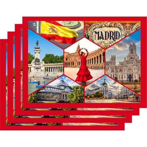 Set 4 Pezzi Tovagliette Americane Città In Vinile Made In Italy Colazione Pranzo Antiscivolo Resistenti Al Calore Facilmente pulibili Riutilizzabili Cartolina Tovaglia Idea Regalo Madrid