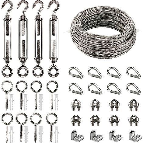 Kits de Câble en Acier Inox, 20m Galvanisé, Kit Métallique avce Tendeur Oeil-crochet M5, Attaches pour Câbles Métalliques, Manchons Sertissage, Pitons Fermé, Cosse Coeur D 3mm [20M C芒ble m茅tallique (1/5)