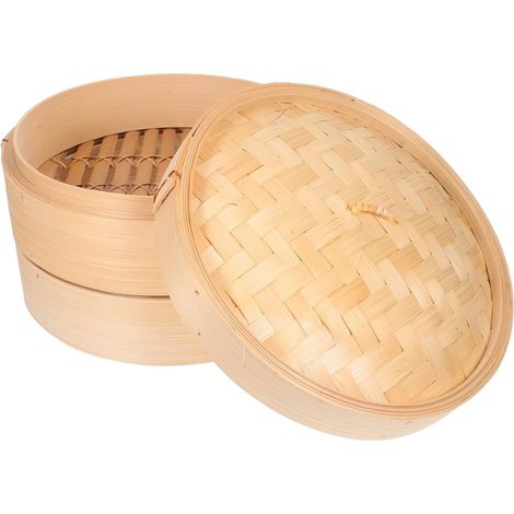 Panier vapeur tressé à la main avec couvercle, 26 cm, pour raviolis, légumes, brioches et cuisine asiatique (1/5)