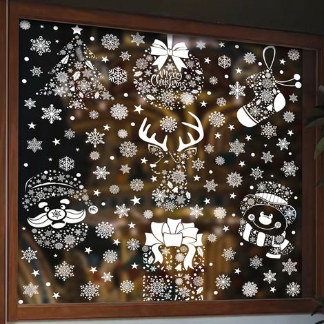 Autocollants de Noël, flocons de neige blancs, cadeaux, sapin du Père Noël, autocollants pour fenêtres, bonhomme de neige, chaussettes de Noël, rennes, décorations de fenêtres, autocollants statiques.