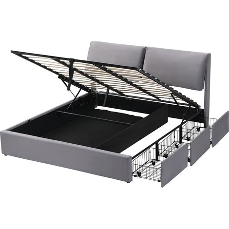 CAIziLit 160x200 hydraulique avec 3 tiroirs, coffre, sommier lattes gris (1/5)
