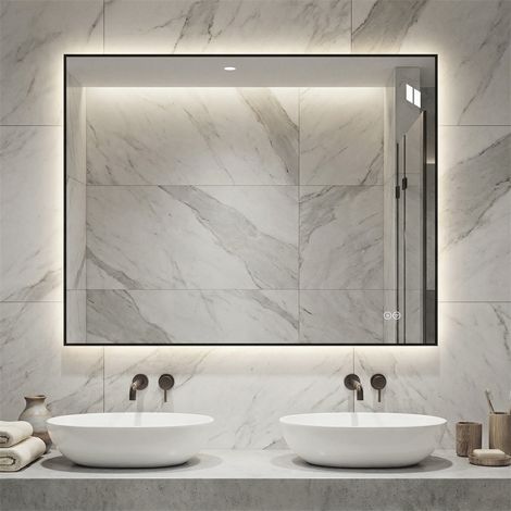 Miroir de Salle de Bain LED 70x90cm - Cadre Aluminium Rétroéclairé Anti-buée Dimmable 3 Couleurs Mémoire - Argent (1/5)