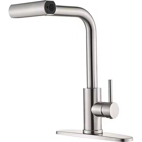 Robinet de lavabo en argent brossé avec pommeau de douche extractible - 4 modes, poignée unique, style cascade (sans bonde). (1/5)