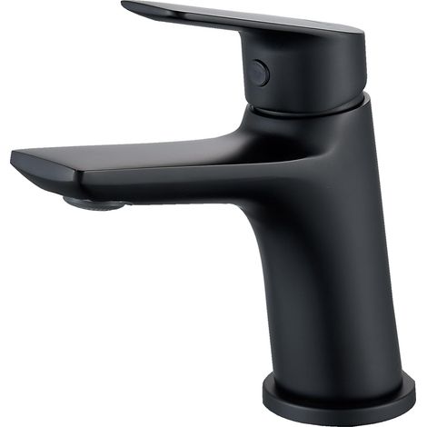 Grifo de baño negro, mezclador de lavabo con caño de 86 mm de altura, ahorro de agua y energía, latón cromado (1/5)