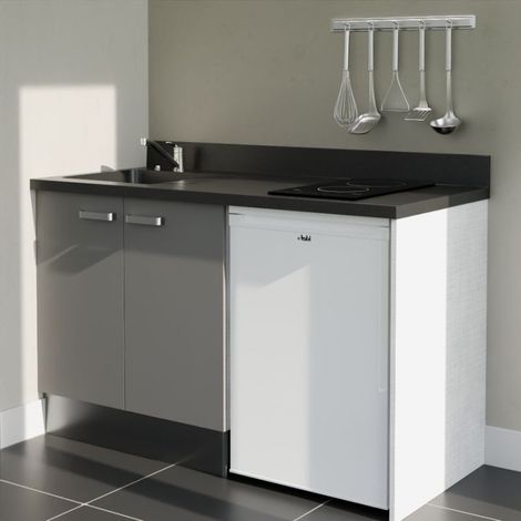Kitchenette K17L - 140 cm - plan monobloc évier intégré Nero- évier à gauche - Façades Gris + Electroménager inclus coloris Blanc