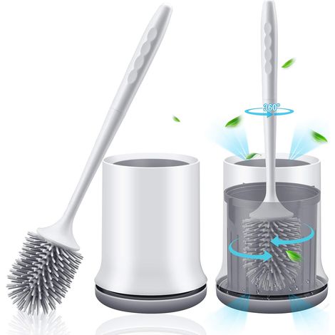 Brosse WC en silicone avec support mural et support de comptoir, brosse à long manche et support à séchage rapide pour le nettoyage et l'organisation de la salle de bain - Grise (1/5)