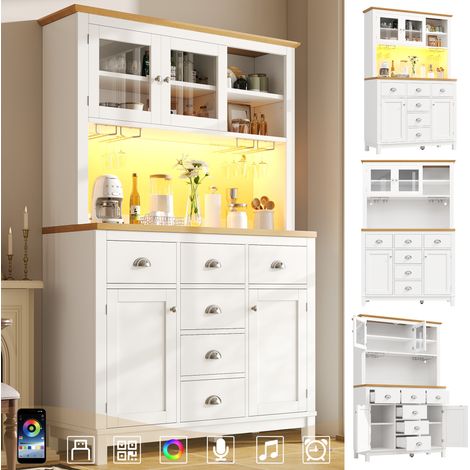 Buffet rangement cuisine 104x40x180cm style campagne 4 portes bande lumineuse LED porte-gobelets vert/blanc-Chi.