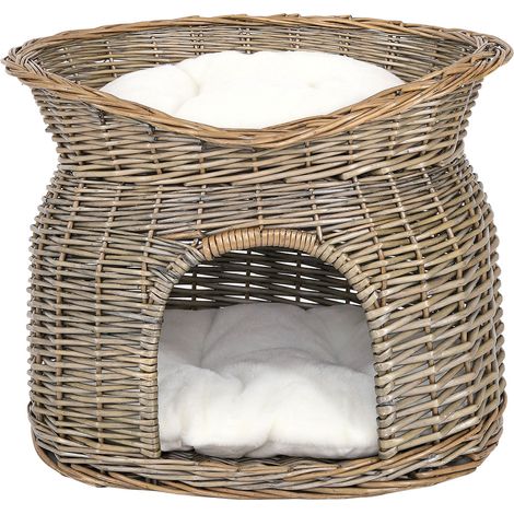 lionto Weidenkorb für Katzen Katzenhöhle Katzenkorb mit Kissen 55x39x43 cm Grau (1/5)