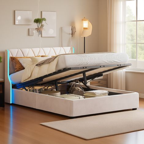 Polsterbett 140x200 cm mit LED-Beleuchtung, Doppelbett mit hydraulischem Stauraum, Modernes Jugendbett, Bettgestell mit Kopfteil und Lattenrost, Velour Beige, Ohne Matratze
