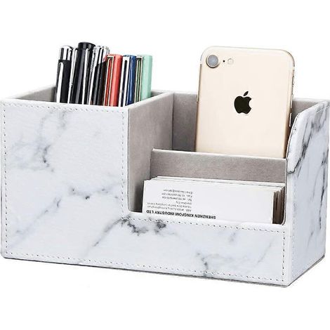 Organiseur de bureau en cuir PU, porte-stylo-crayons, porte-cartes de visite, porte-télécommande (motif marbre gris S) (1/5)