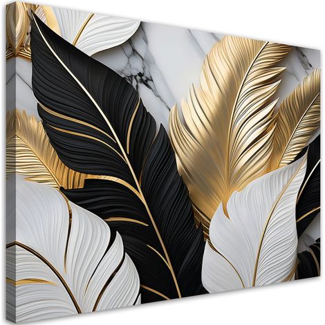Tableau déco feuilles d'or noires et blanches sur fond de marbre 60x40 (1/5)