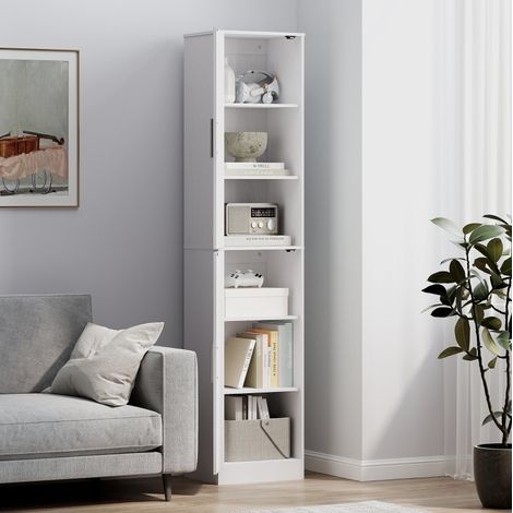 Mueble de baño alto y estrecho 40 x 35 x 180 cm, 2 puertas, estantes regulables, blanco DESVIAE (1/5)