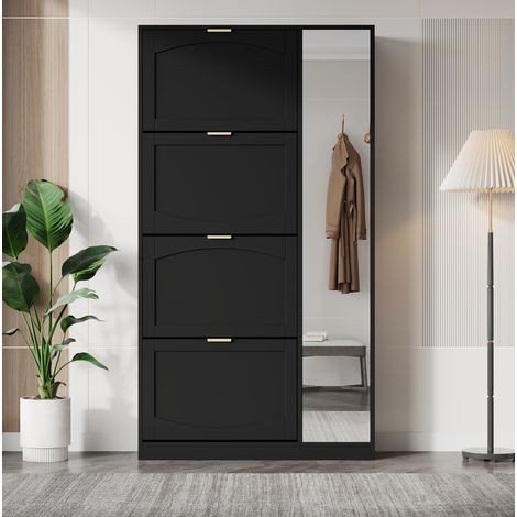 Schuhschrank aus Spanplatte in Schwarz mit Spiegeltüren, 4 Klappfächer, verstellbare Einlegeböden, 80x24x147 cm (1/5)