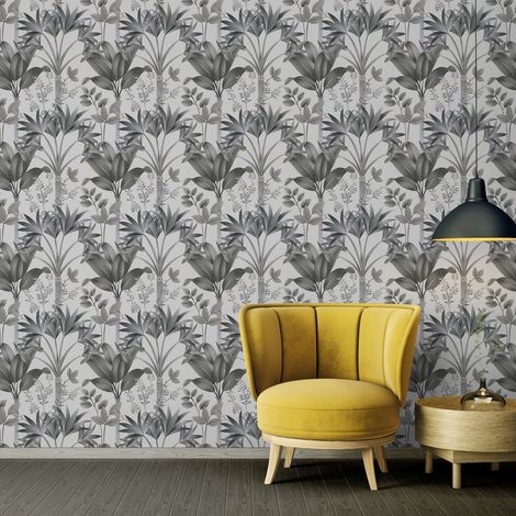 Papier peint illustration florale Tapisserie à feuillage noir et blanc Papier peint style jungle tropicale idéal pour chambre (1/5)