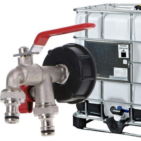 Doppelablauf-Außenwasserhahn aus Messing, zwei Ventile, 1/2"-Auslaufdurchmesser, 60 mm Zulaufdurchmesser, Schnellanschluss für Tankadapter, für Garten, Haus und Industrie (1/4)