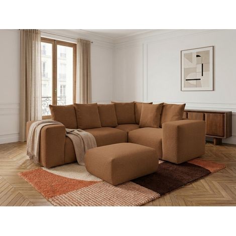 BOBOCHIC - Canapé d'angle fixe modulable VOLTAIRE avec 1 chauffeuse 2 places, 1 angle et 1 chauffeuse 1 place tissu chiné avec pouf Angle droit Orange (1/5)