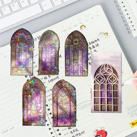 Autocollants PET « Beautiful Day », série « Fenêtre en verre », décoration rétro pour journal intime avec fenêtre fleurie, 10 feuilles, motif « Lune violette et fleurs ». (1/5)