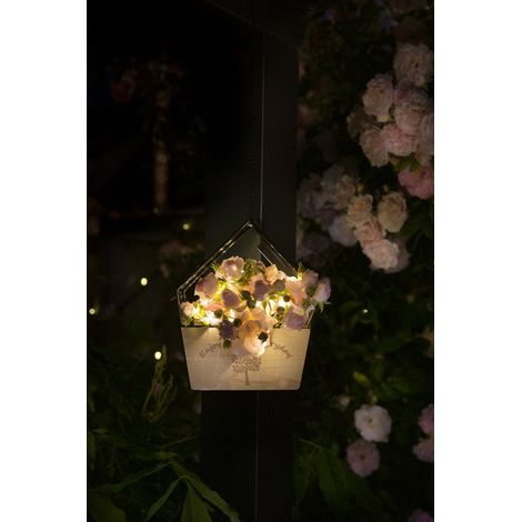 Maison solaire en métal suspendue 30 microLED, lumière douce, support pour plante ou nid d’oiseau (1/4)