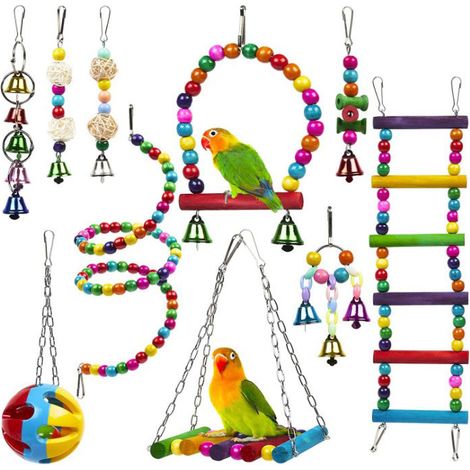 Ein Set Vogelspielzeug, Papageienspielzeug, Schaukel, Hängeglocke, Wellensittich.
