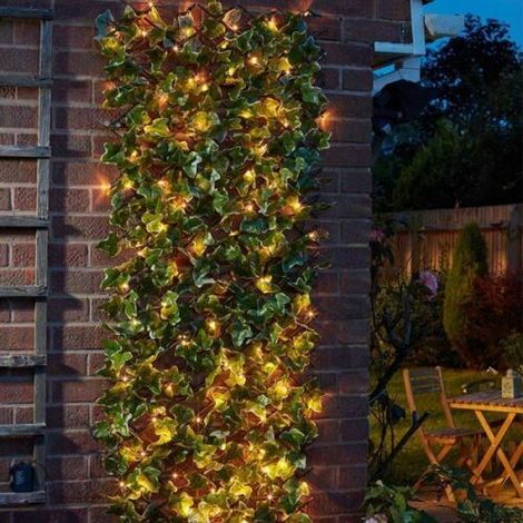 Solar Lit Trellis, Ivy Leaves 75 LED Warm White Lights, Artificial Leaf Trellis Faux Climbing Ivy Plant (180 x 90cm, Solar Lit Ivy Trellis)