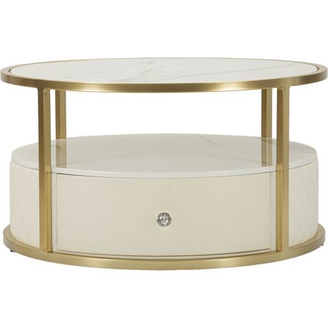 Table Basse Effet Marbre "Sharon" 75cm Blanc & Or