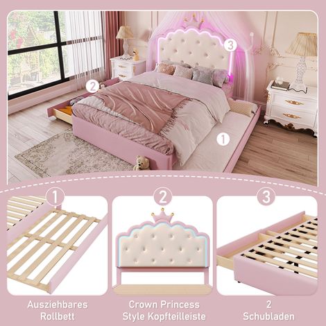 Lit rembourré 140x200 cm avec sommier à lattes intégré (hors matelas), éclairage LED télécommandé, style princesse, lit tiroir gigogne à 2 rangements, housse polyuréthane rose (1/5)