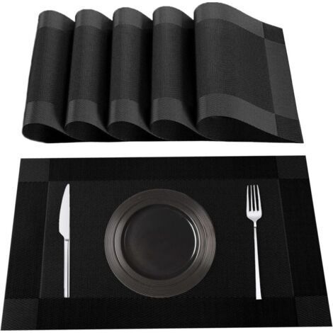 Sets de table noirs lavables, lot de 6, 70% PVC et 30% polyester, antidérapants et résistants à la chaleur, pour tables de cuisine et de salle à manger (1/5)