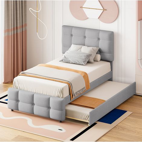 Letto singolo per bambini 90x200 cm con letto estraibile, grigio, in legno, senza materasso (1/5)