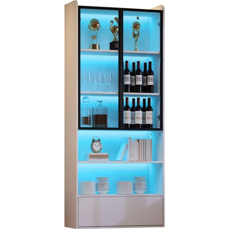 Vitrine haute avec 1 tiroir, portes vitrées, éclairage LED piloté par application et rangement à 6 niveaux, meuble de salon blanc en MDF et verre – CHICFURN (1/5)