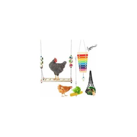 Accessoires pour poulailler, ensemble de 4 jouets pour poules : balançoire, xylophone, mangeoire suspendue pour légumes, étagère à fruits. Convient également aux coqs, grands oiseaux et perroquets. (1/5)