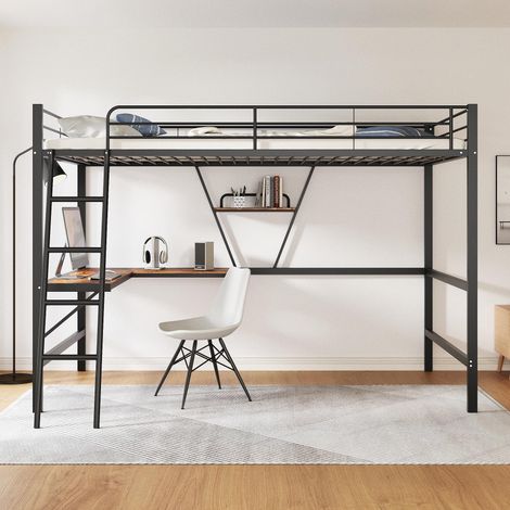 Lit mezzanine 90x200cm, lit simple avec bureau et étagère en L, style industriel, cadre de lit en métal, adapté aux chambres d'adolescents et d'adultes, noir (1/5)