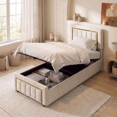 Cama canapé tapizada 90x200 cm terciopelo beige, almacenaje hidráulico, somier de láminas, borde dorado (1/5)