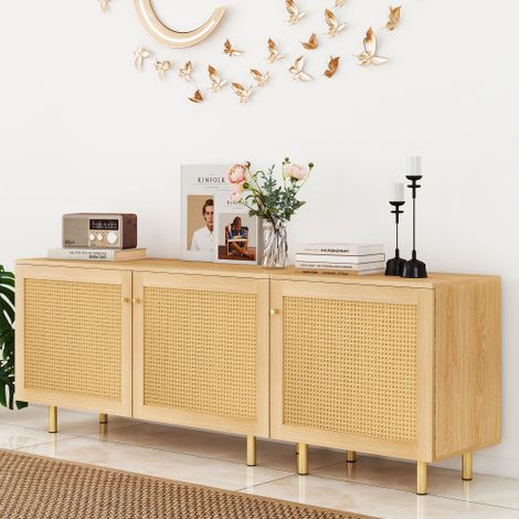 Armoire de rangement modulaire, armoire à couverts à trois portes en rotin, buffet rustique pour la salle à manger. Aspect bois naturel - H 63 / L 180 / P 40 cm (1/5)