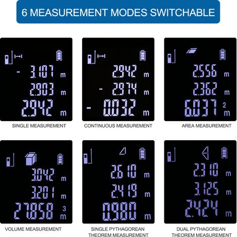 Télémètre laser portatif de poche, appareil de mesure de distance avec modes de mesure unique/continu/surface/volume/théorème de Pythagore (1/2)