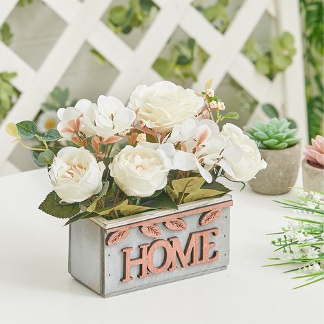 15CM Artificial White Hydrangea Peony Flower Plant with Wooden Pot (1/5)