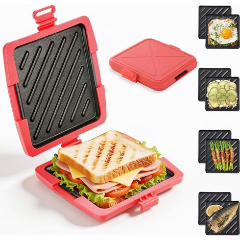 Appareil à Croque Monsieur pour Micro-ondes 13 x 13 cm Sandwich Maker, Plaque Antiadhésive pour la Cuisson de Sandwichs Croustillants (Rouge) (1/5)