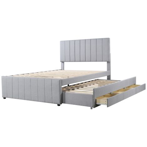 Polsterbett  mit Rollbett und Stauraumschubladen, hautfreundliche Leinenpolsterung, flaches Einzelbett, Kinderbett, Jugendbett, Gästebett